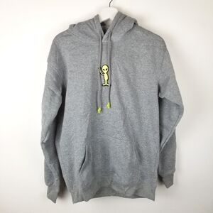 Alien Peace Sign Hoodie Sweatshirt Gray Neon Yellow Embroidered Unisex
